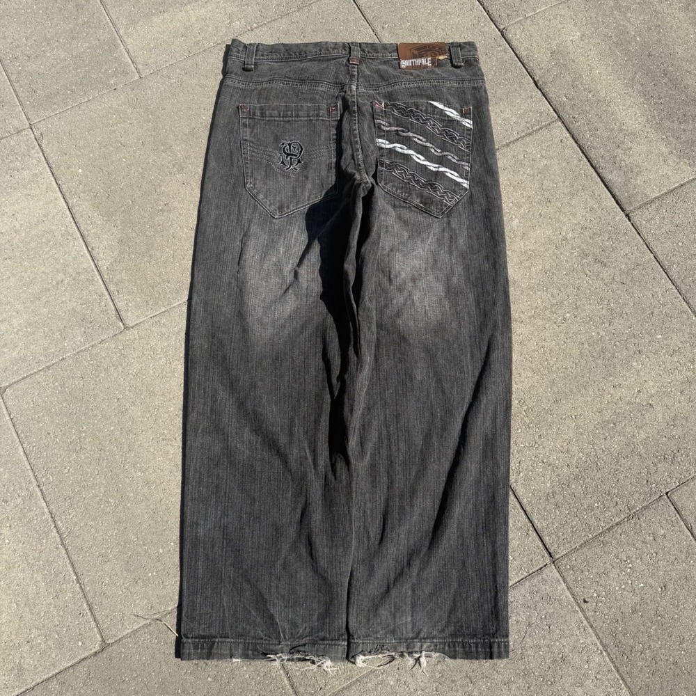 Southpole Mens 38x30 Baggy Wide Leg Faded Black Embroidered Y2K Denim Jeans